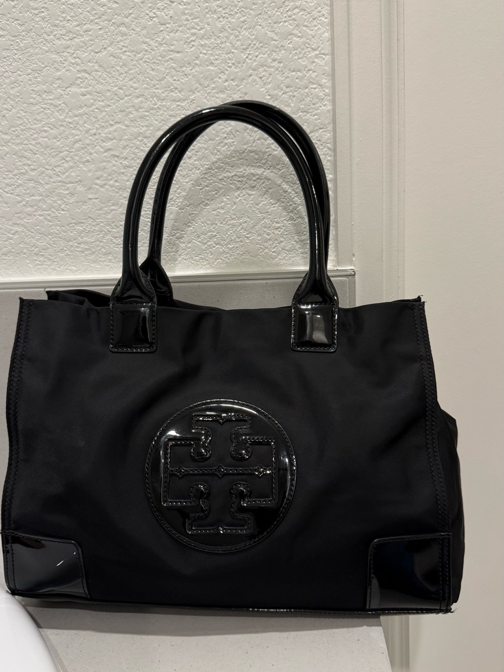Tory Burch Black Nylon Patent-Trim Logo Tote